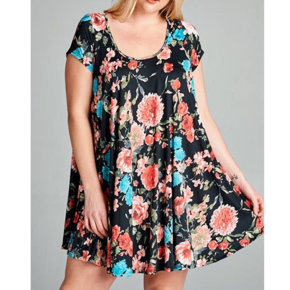 Dresses & Skirts - Plus Black Floral Babydoll Swing Tunic Mini Dress